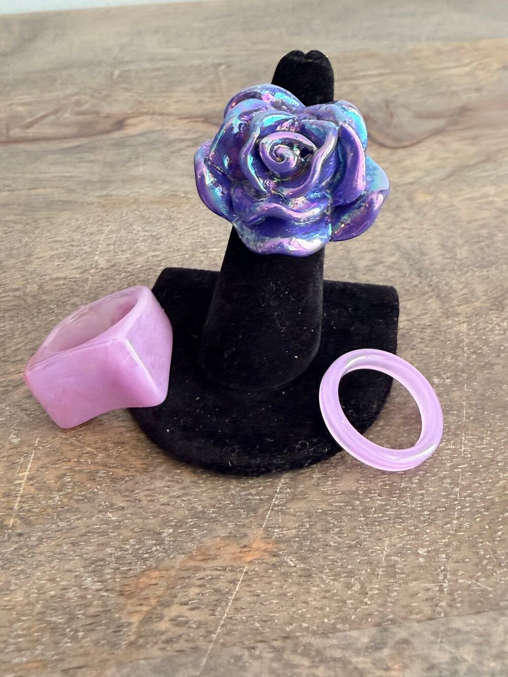 Purple Lavender Iridescent Rose Statement Ring Lot Set of 3 - Sizes 6.5 6.75 8.5